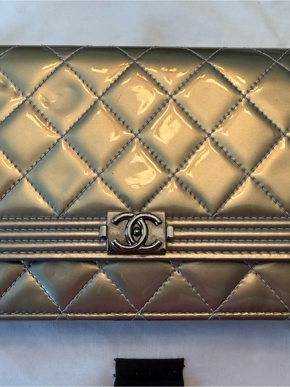 CHANEL Quilted Patent Leather Wallet-on-Chain in Metallic Gold